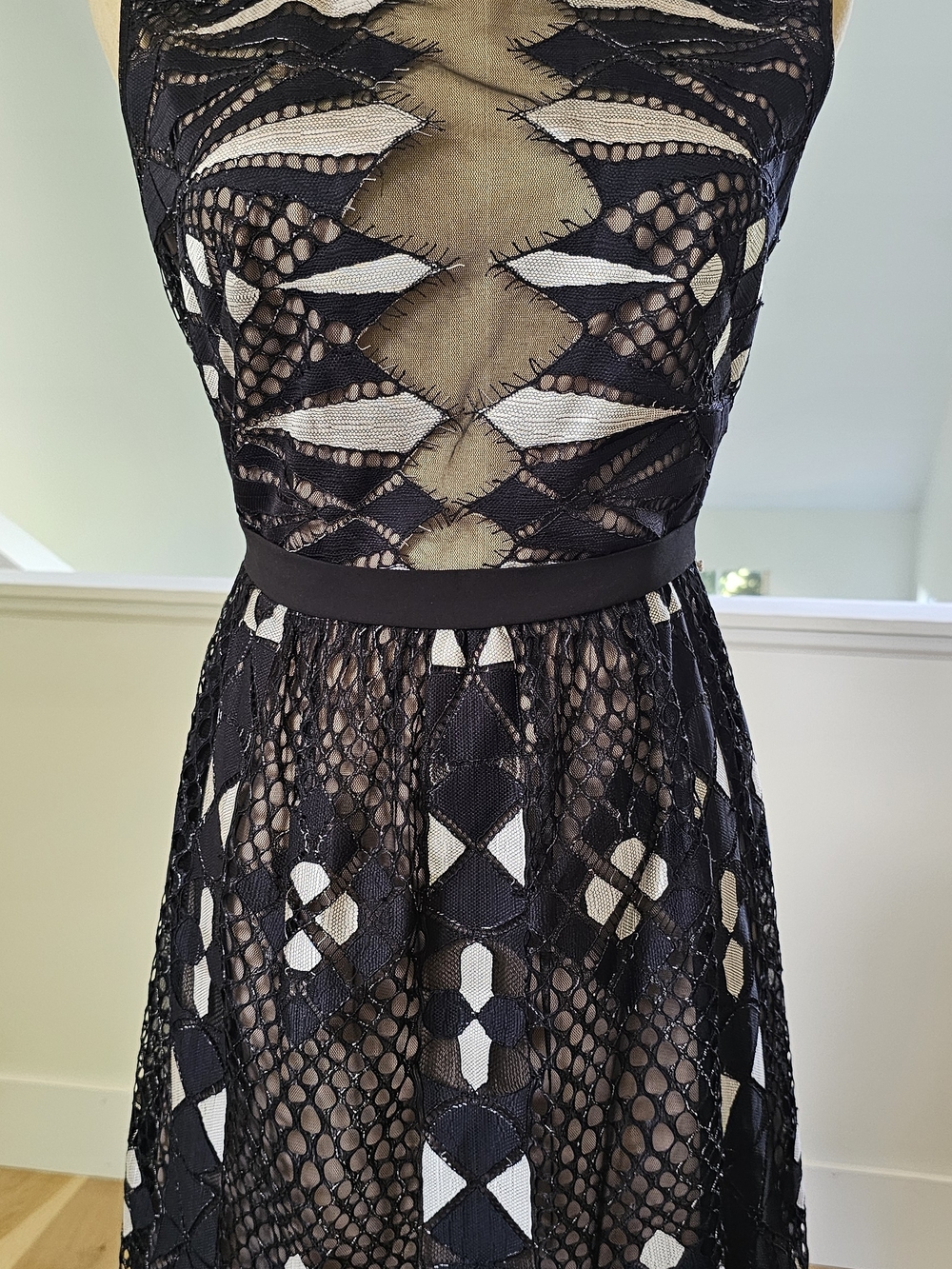 BCBGMaxAzria Black and Cream Lace Midi Dress Cut Out Open Back 2